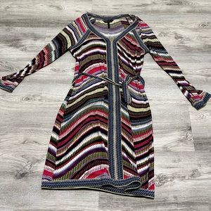BCBG Max Azria Multicolor Knit Dress – Size M | Belted Stretch Fit